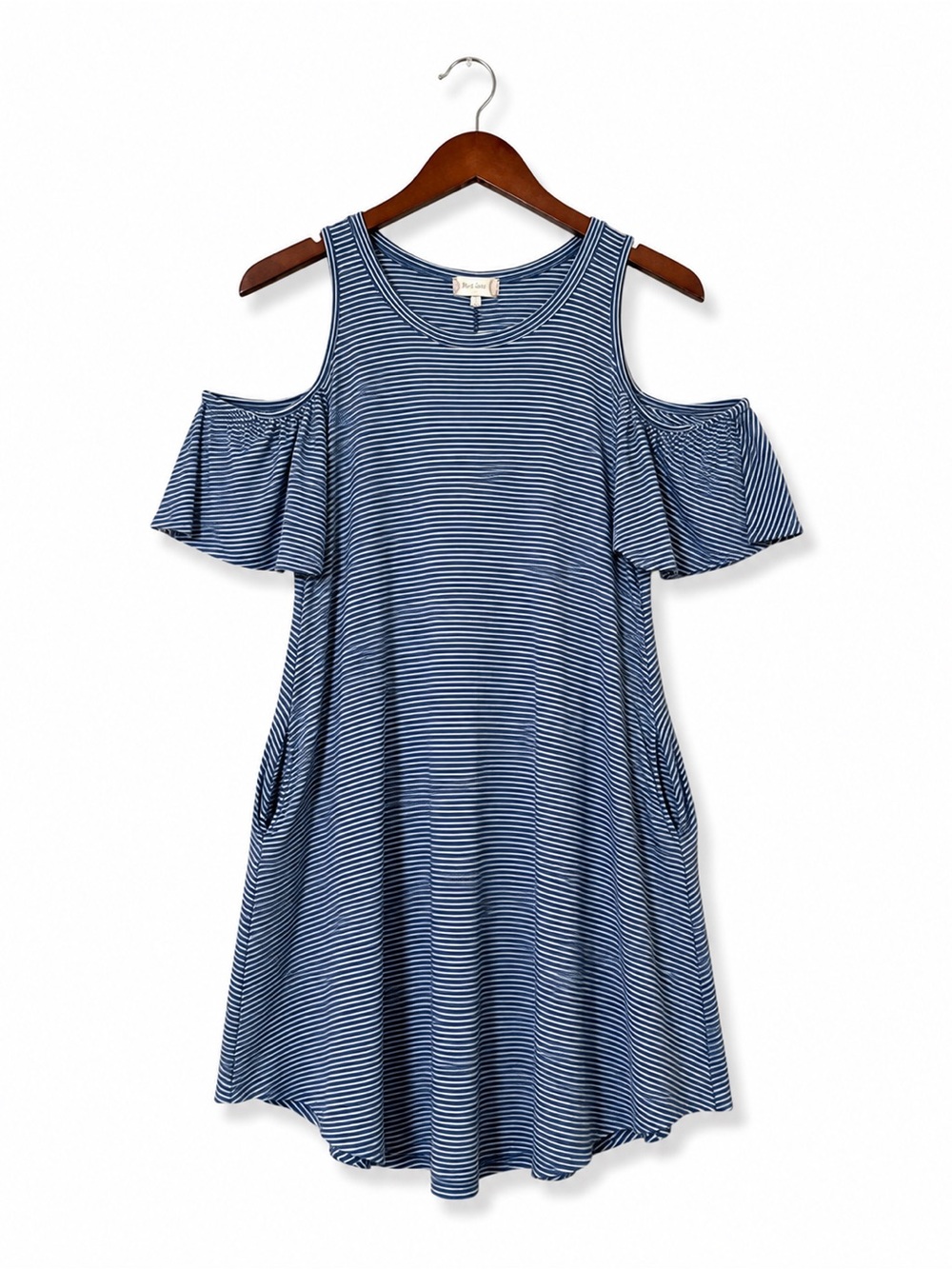 Altar’d State Blue Striped Cold Shoulder Swing Dress Pockets Small